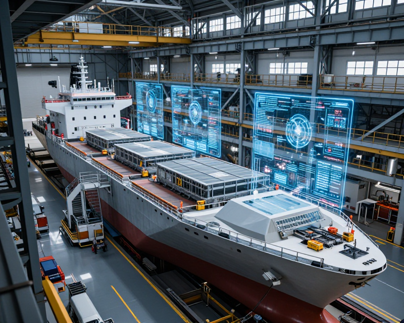 Futuristic AI-driven shipyard visualization